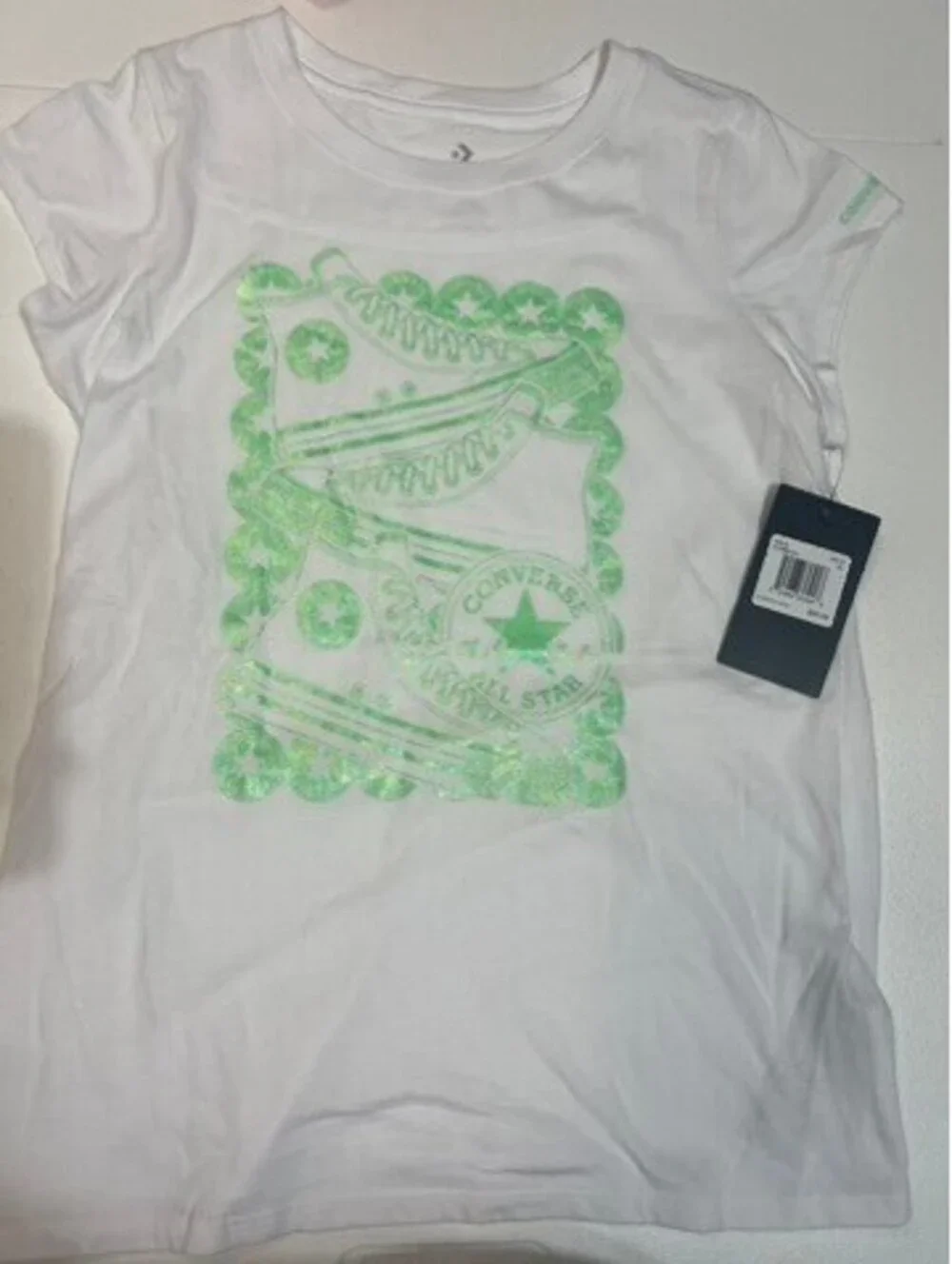 Converse All Star Girls XL Chuck Taylor Sneaker Green Glitter SS Tee NWT